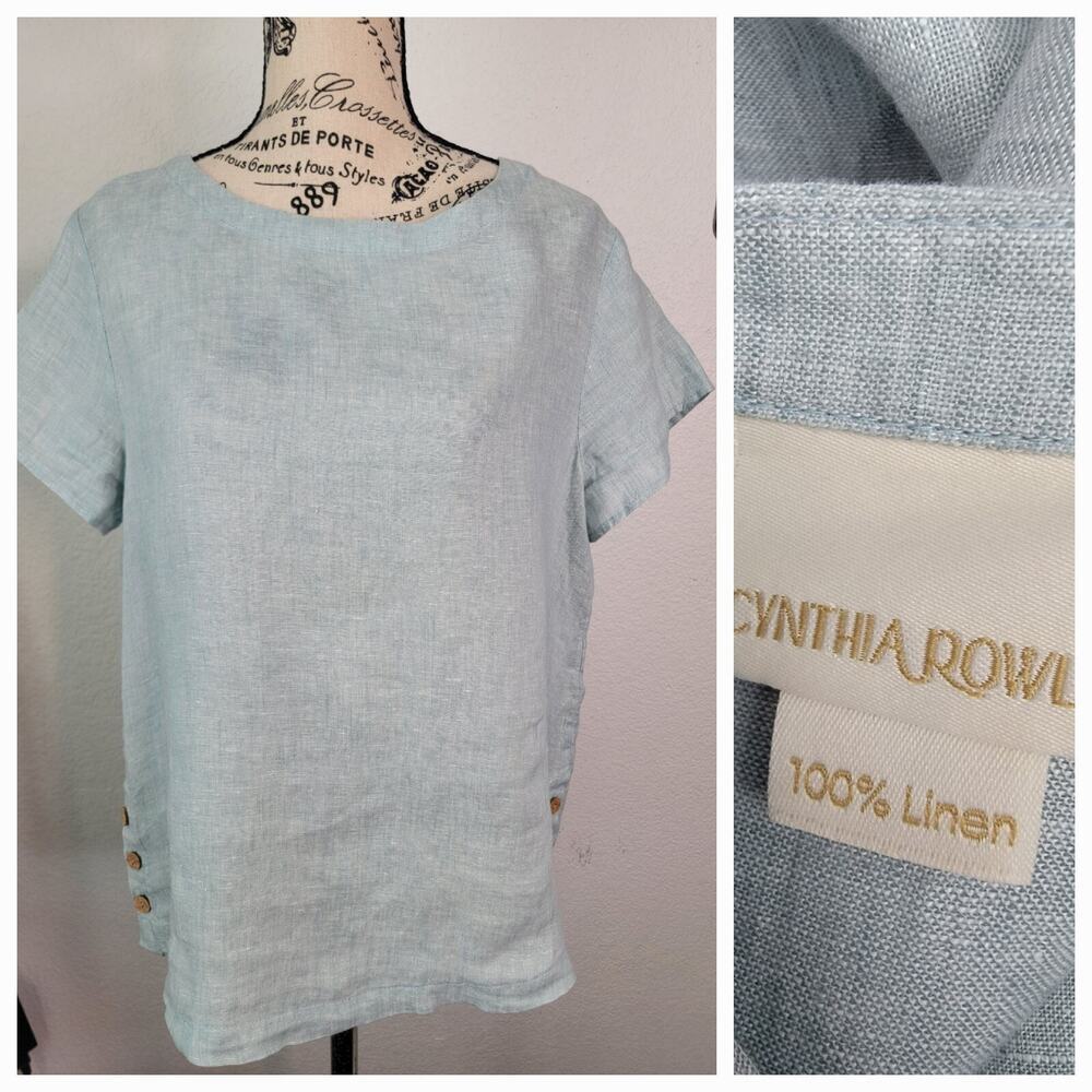 CYNTHIA ROWLEY Tunic Top Womens Medium 100% Linen Short Sleeve Boxy Shirt Blue